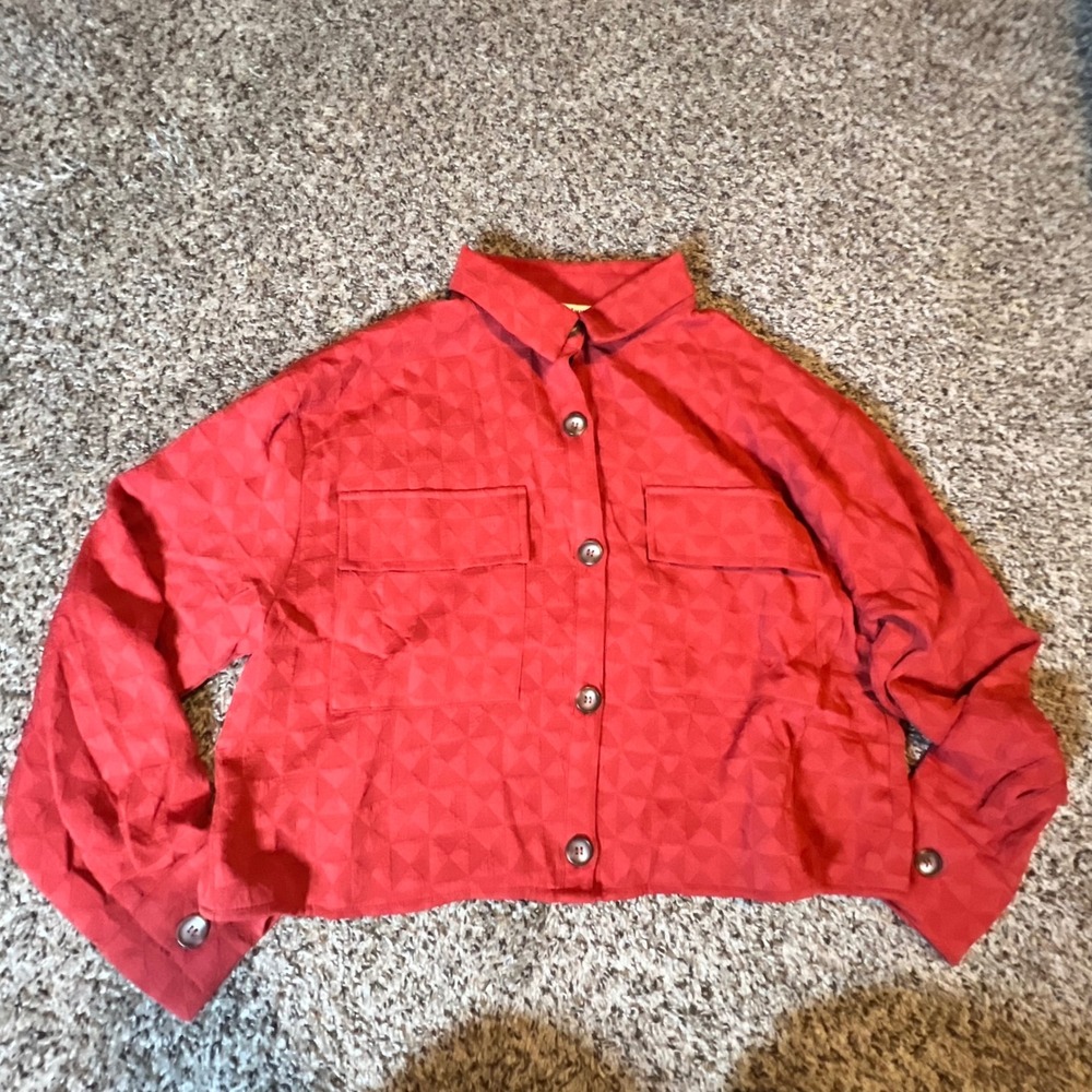 Privy Baked Apple Red Textured Geometric Cropped Button Down Jacket Small NEW